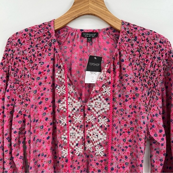 Topshop Ditsy Floral Print Embroidered Kaftan Tassel Tunic Dress in Pink US 6 - Picture 8 of 14